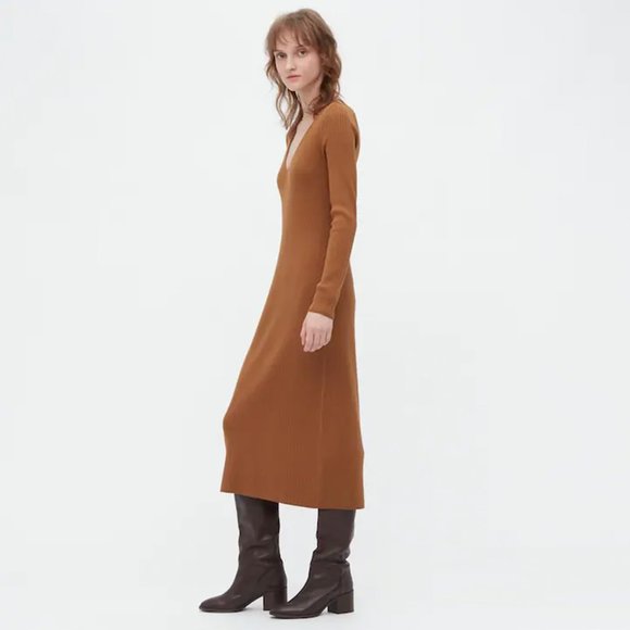 Uniqlo Merino Wool Blend Fitted V-Neck Long-Sleeve Dress - Ochre - Picture 2 of 4